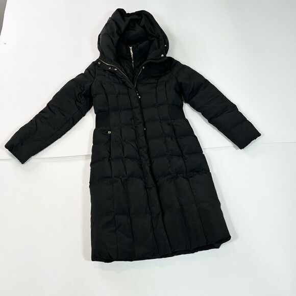 Cole Haan Hooded Puffer Jacket Womens Small Black Down Quilted Long Coat - Picture 1 of 12
